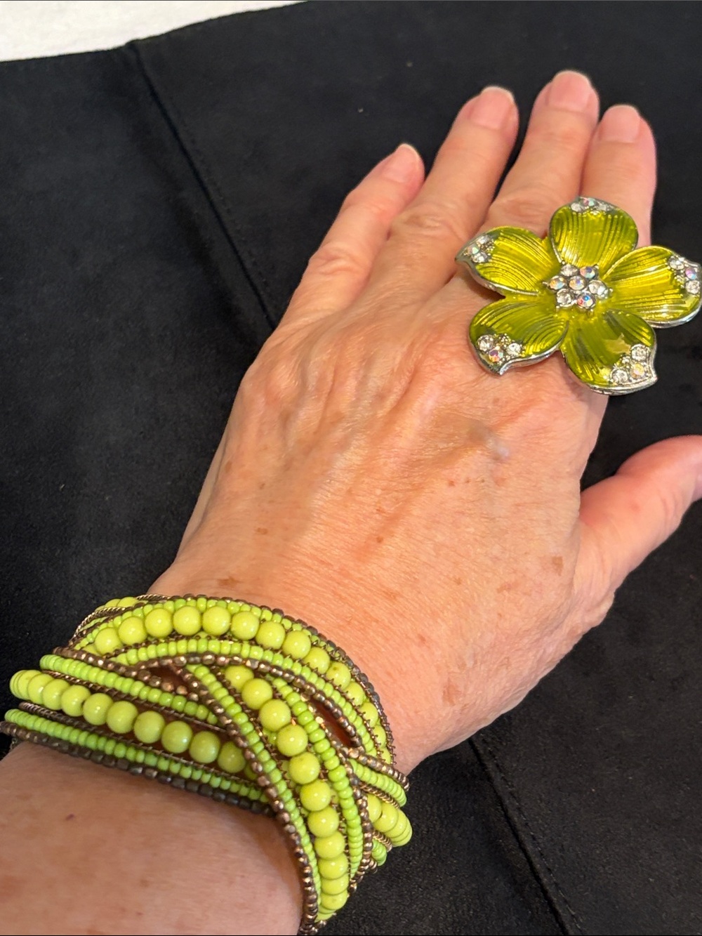 Lime Green Beaded Wrap Bracelet and Floral Ring Set